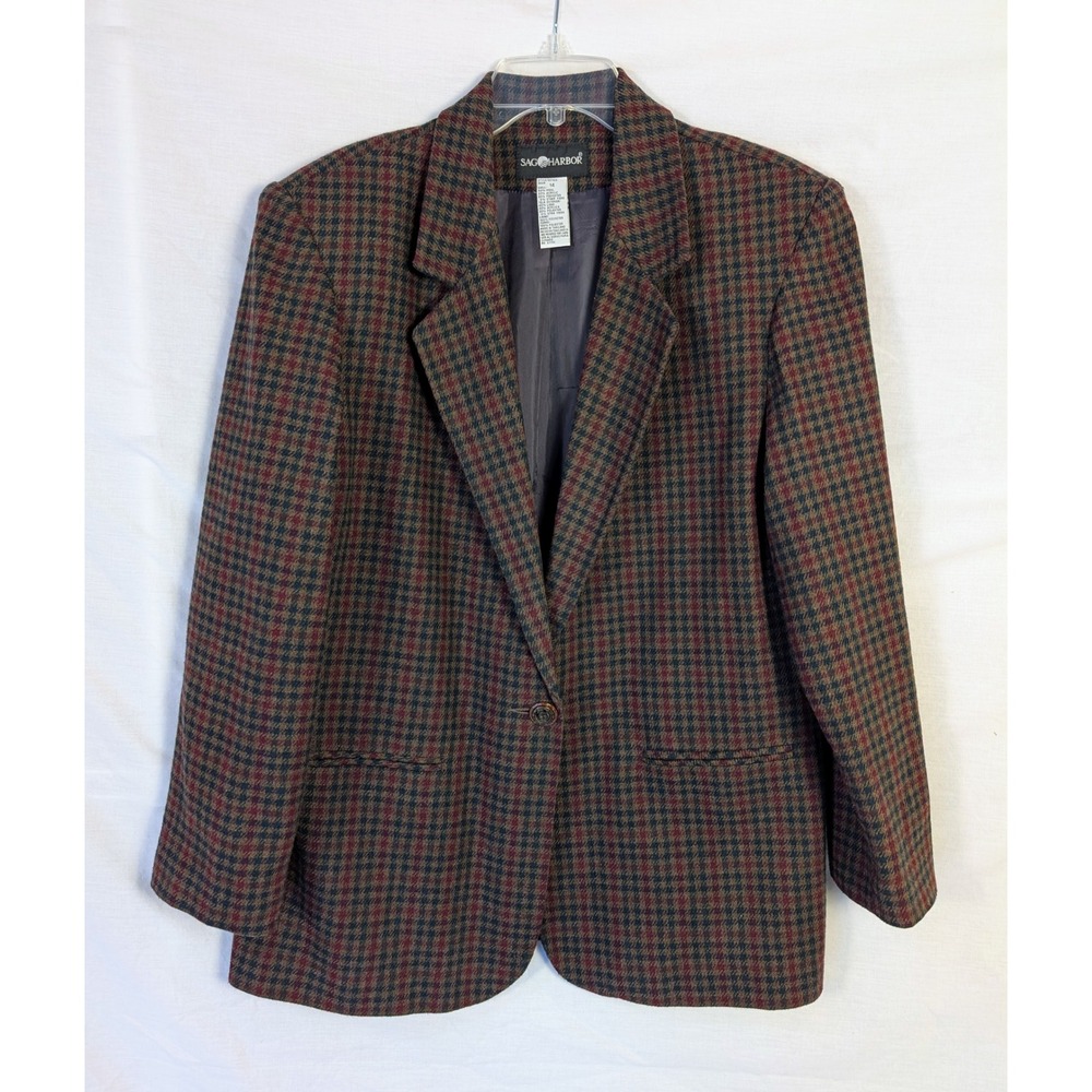 Vintage Sag Harbor Wool Blend Blazer Size 14 Glen Check Houndstooth Academia